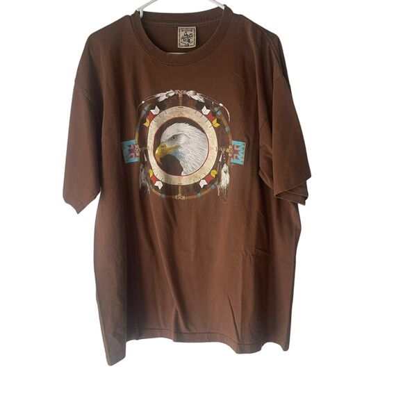 Alore USA Size XL Vintage 90s Native Eagle Feathers Brown Short Sleeve T Shirt - Picture 1 of 7